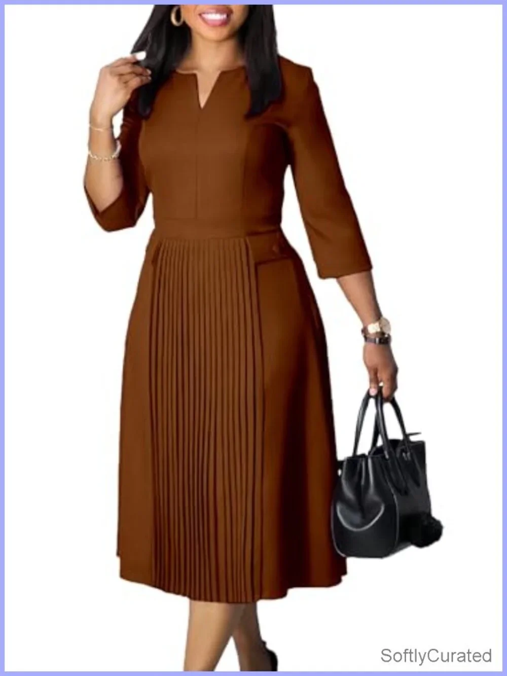 Wear to Work Midi Dress A-line 3/4 Sleeve V-Neck Business Casual